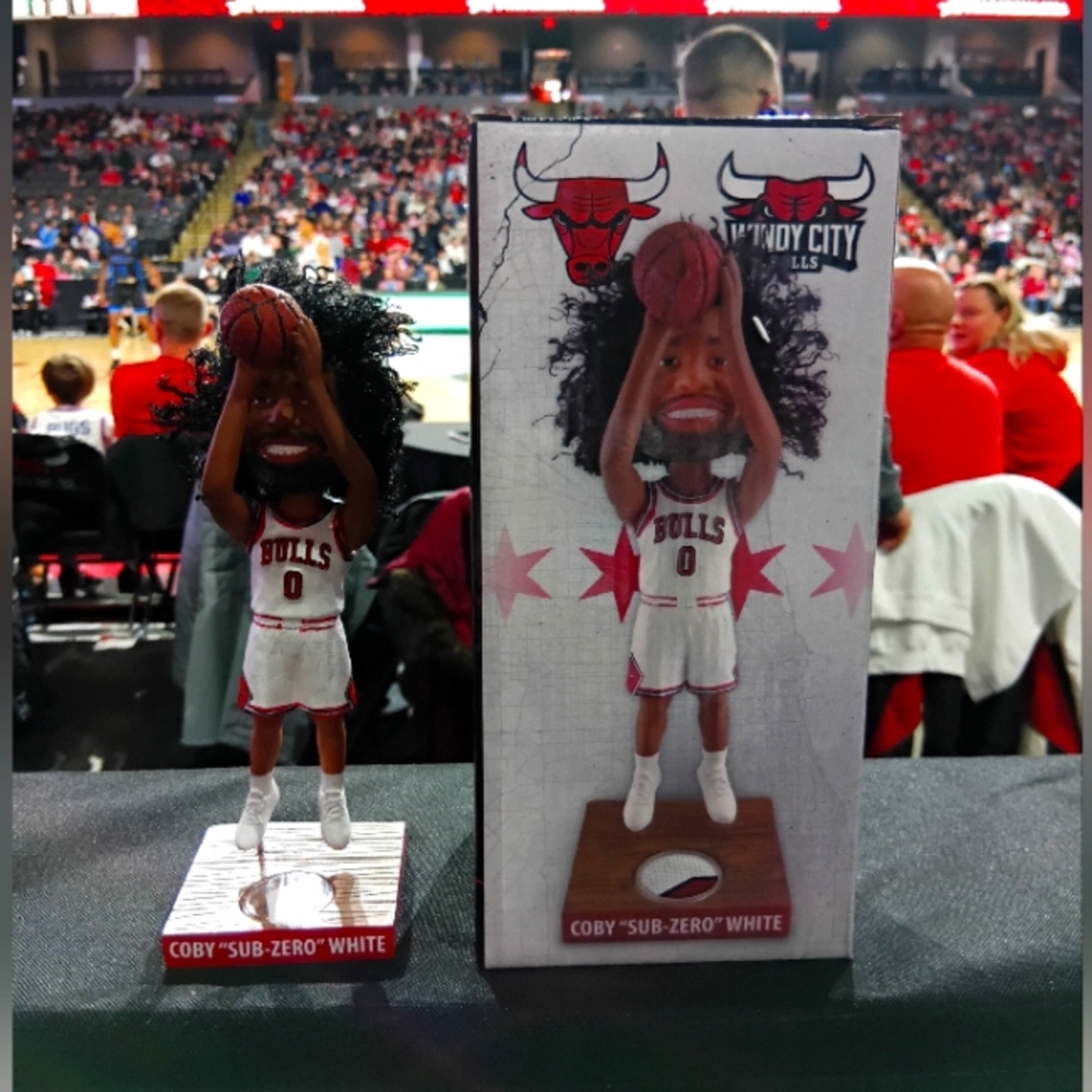 Windy City Bulls Coby White Bobblehead With Game Used Jersey Piece SGA 1/11/2025